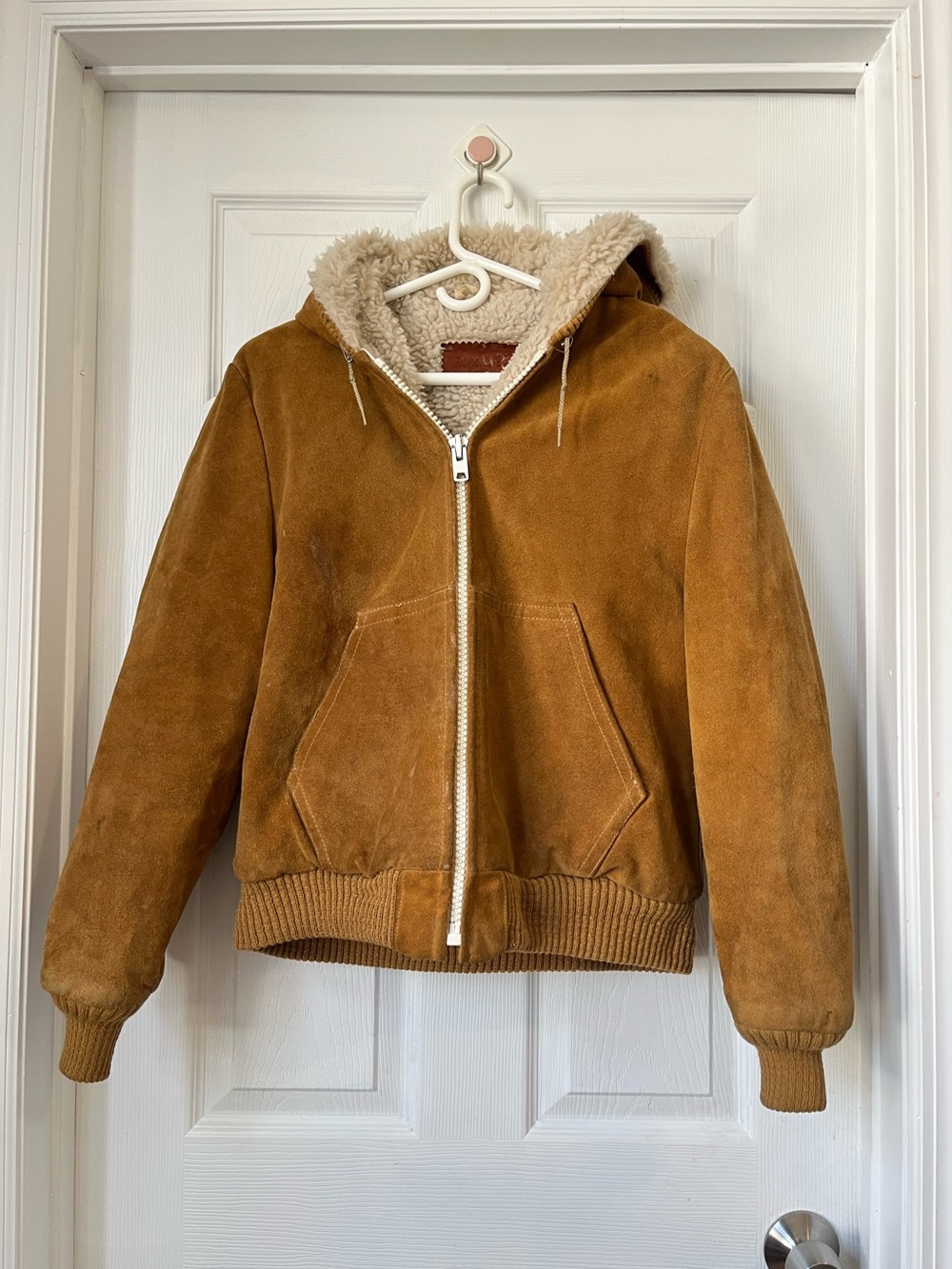 William Barry vintage brown suede sherpa lining hooded bomber jacket size EU42/L